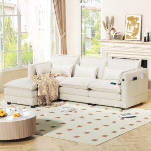 dyhome l shaped couch sectional sofa comfy cloud couch for living room, deep seat modular sectional sofa with padded armrests, pillows, and charging station, modern chenille, 3 seat cream white