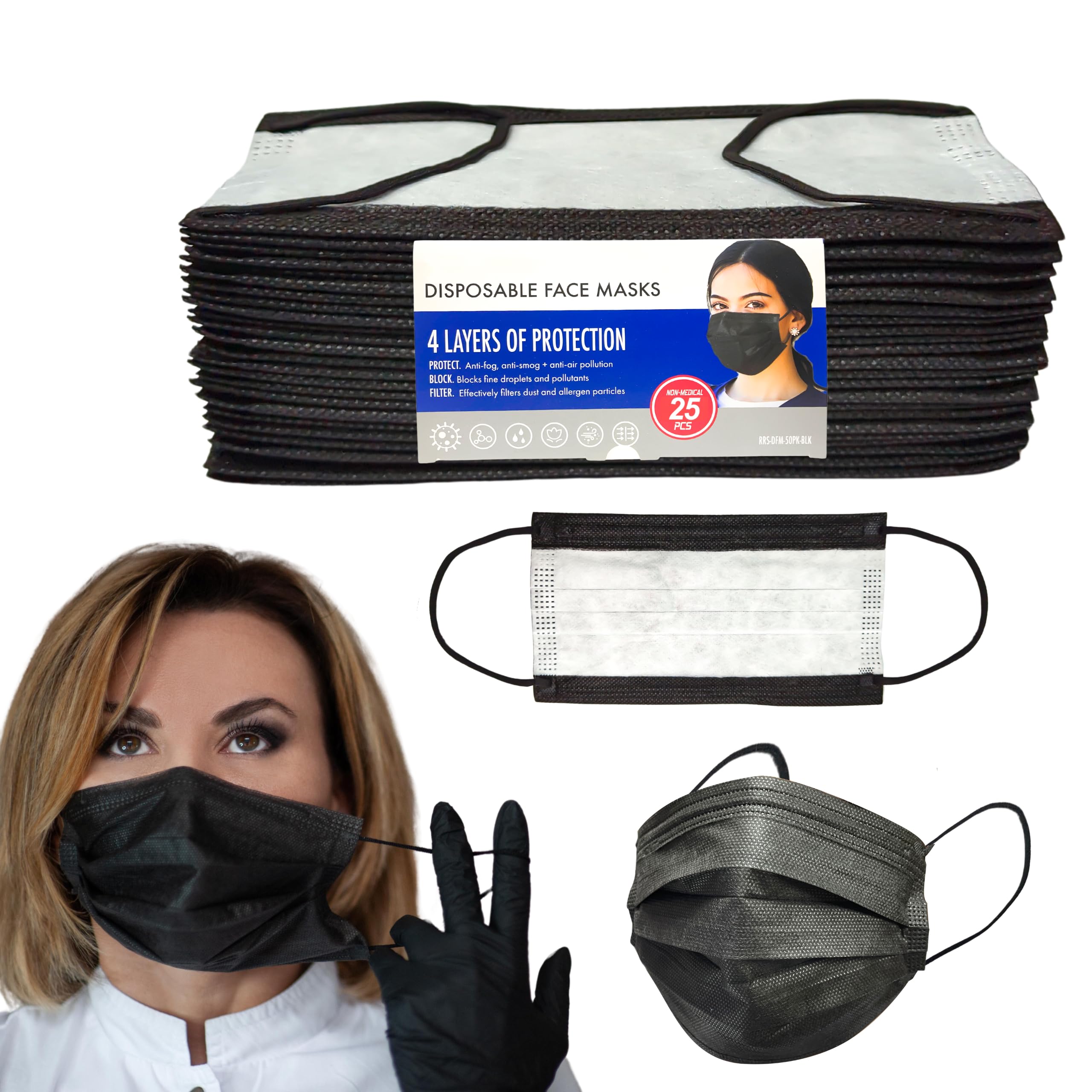 A-Trend Deals 25 Pcs Disposable 4 Layers Face Masks, Non-medical, Extra Layer Protection Face Masks for Adult, Teenager, Seniors (Black)