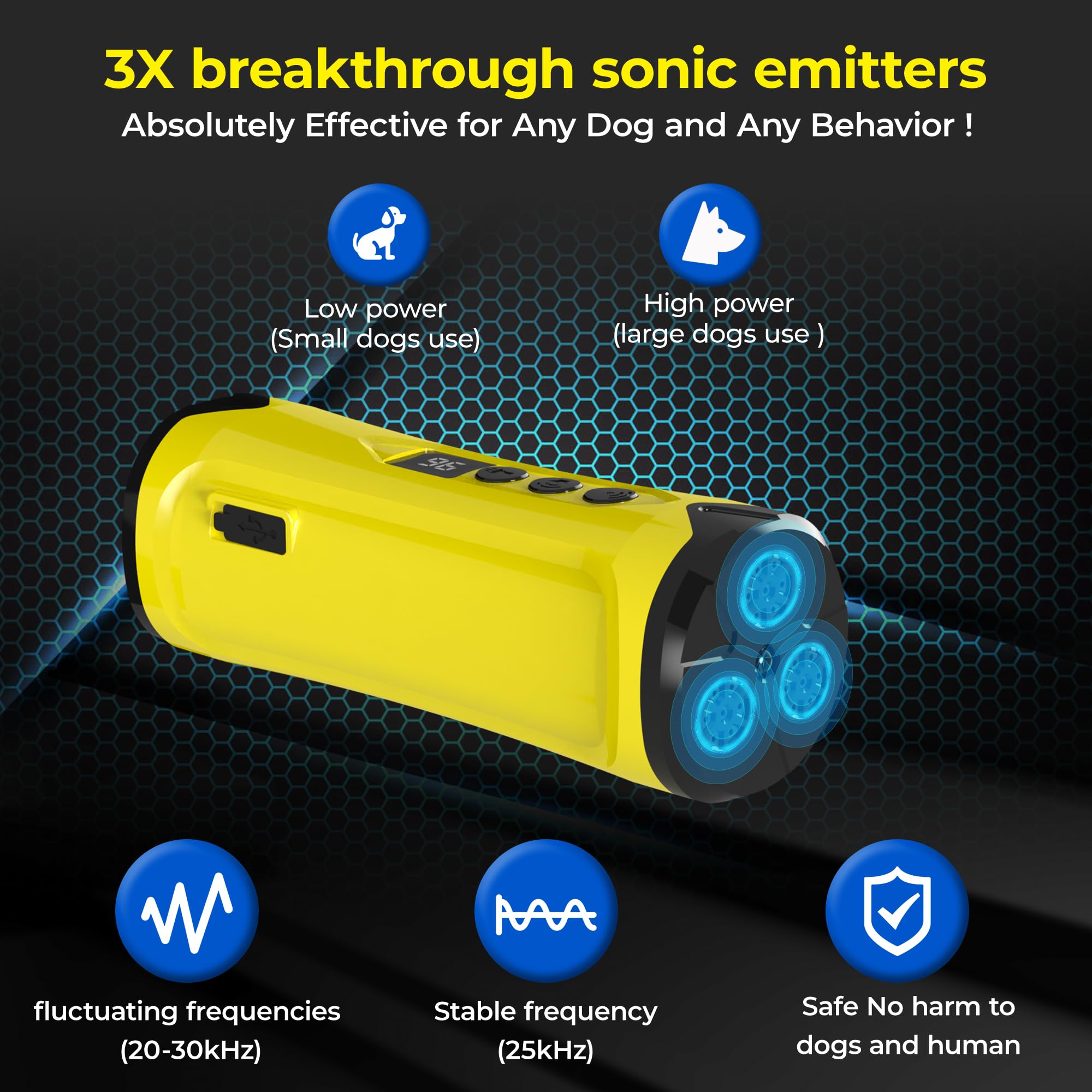 Dog Bark Deterrent Devices, Professional Anti Barking Training & Behavior Aid Ultrasonic Tool - w/ 3X Sonic Emitters 50ft Range, Ultra-Bright LED Flashlight | Alternative to Painful Dog Shock Collar