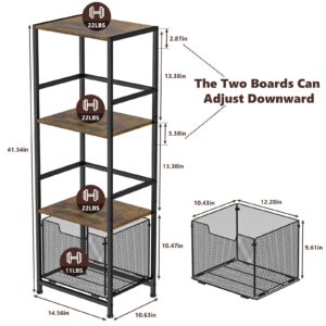 4-Tier Standing Storage Shelves, Narrow Shelving Unit for Small Places, Metal Wood Combination Storage Shelf Rack with Wire Basket,Adjustable Utility Shelf for Bathroom Kitchen Laundry Garage