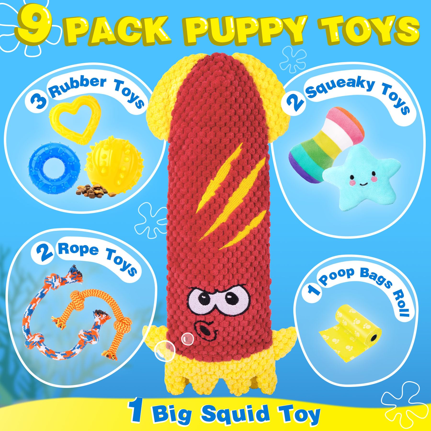 PatsFran Puppy Toys for Teething, 9 Pack Interactive Dog Toys for Small Dogs, Puppy Chew Toys with Rope Toys, Treat Ball and Cute Squeaky Toys, Hold a Bottle