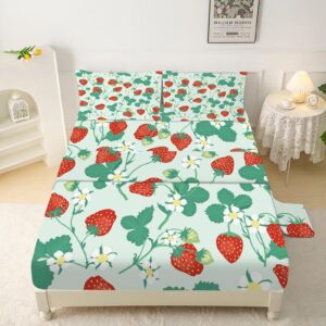 Girls Strawberry Sheets Set Queen Size 4 Pcs Cute Cartoon Fruit Green Kawaii Bedding Set for Kids Teens Bed 1 Fitted Sheet with 1 Flat & 2 Pillowcases