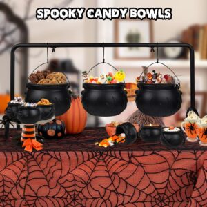 Halloween Cauldrons Serving Bowl Decor, Set of 9 Hanging Black Plastic Cauldron Bowls with Iron Rack, Large and Mini Cauldrons Candy Bucket Punch Bowls for Table Witch Hocus Pocus Party Decorations