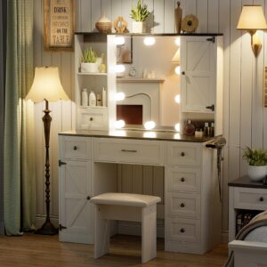 VOWNER Vanity with Lighted Mirror - Farmhouse Makeup Vanity Desk with 7 Drawers, 2 Cabinets and Outlet, 3 Color Lighting Modes Adjustable Brightness, Vanity Table with Stool for Bedroom, White & Black