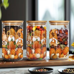 anotion glass storage jars with lids - fall gnomes glass jars 18oz glass food storage containers for kitchen storage, pantry, canning jars for storage cookie, sugar, candy, tea, coffee, 3 packs