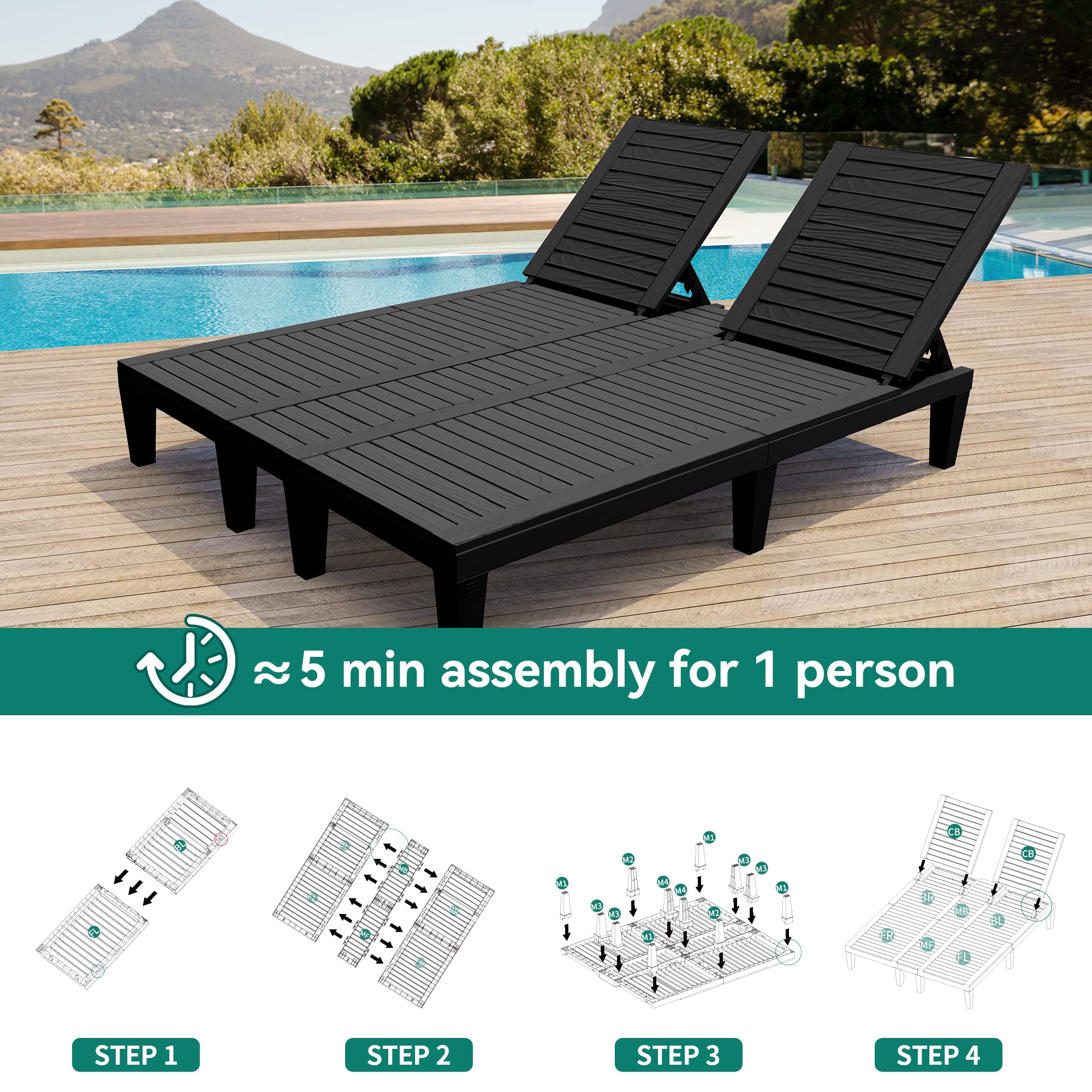 YITAHOME Pool Lounge Chairs Set, 2-in-1 Outdoor Chaise Lounge W/5-Position Backrest & 530lbs Weight Capacity, Sun Loungers for Garden Poolside Patio (Black)