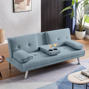 VFD Futon Sofa Bed Modern Convertible Recliner Lounge for Living Room with 2 Cup Holders, Removable Armrests (Light Blue)