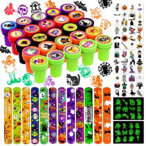 garma halloween party favors toys for kids, 25 pcs halloween assorted stamps with 12 pcs slap bracelets and 288 tattoos halloween goody bag fillers for classroom reward prize non candy party supplies