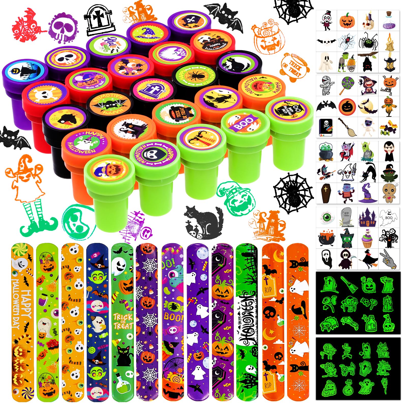 Garma Halloween Party Favors Toys for Kids, 25 Pcs Halloween Assorted Stamps with 12 Pcs Slap Bracelets and 288 Tattoos Halloween Goody Bag Fillers for Classroom Reward Prize Non Candy Party Supplies