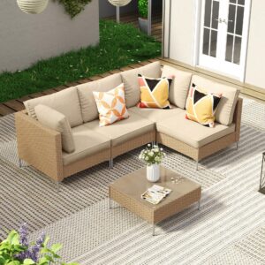 vicllax 5 pieces wicker patio furniture set, outdoor conversation set sectional sofas with cushions and glass-top tea table, oak rattan