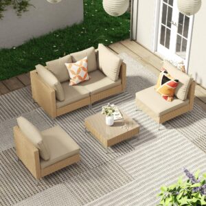 VICLLAX 5 Pieces Wicker Patio Furniture Set, Outdoor Conversation Set Sectional Sofas with Cushions and Glass-top Tea Table, Oak Rattan