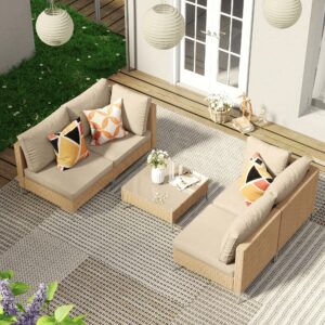 VICLLAX 5 Pieces Wicker Patio Furniture Set, Outdoor Conversation Set Sectional Sofas with Cushions and Glass-top Tea Table, Oak Rattan