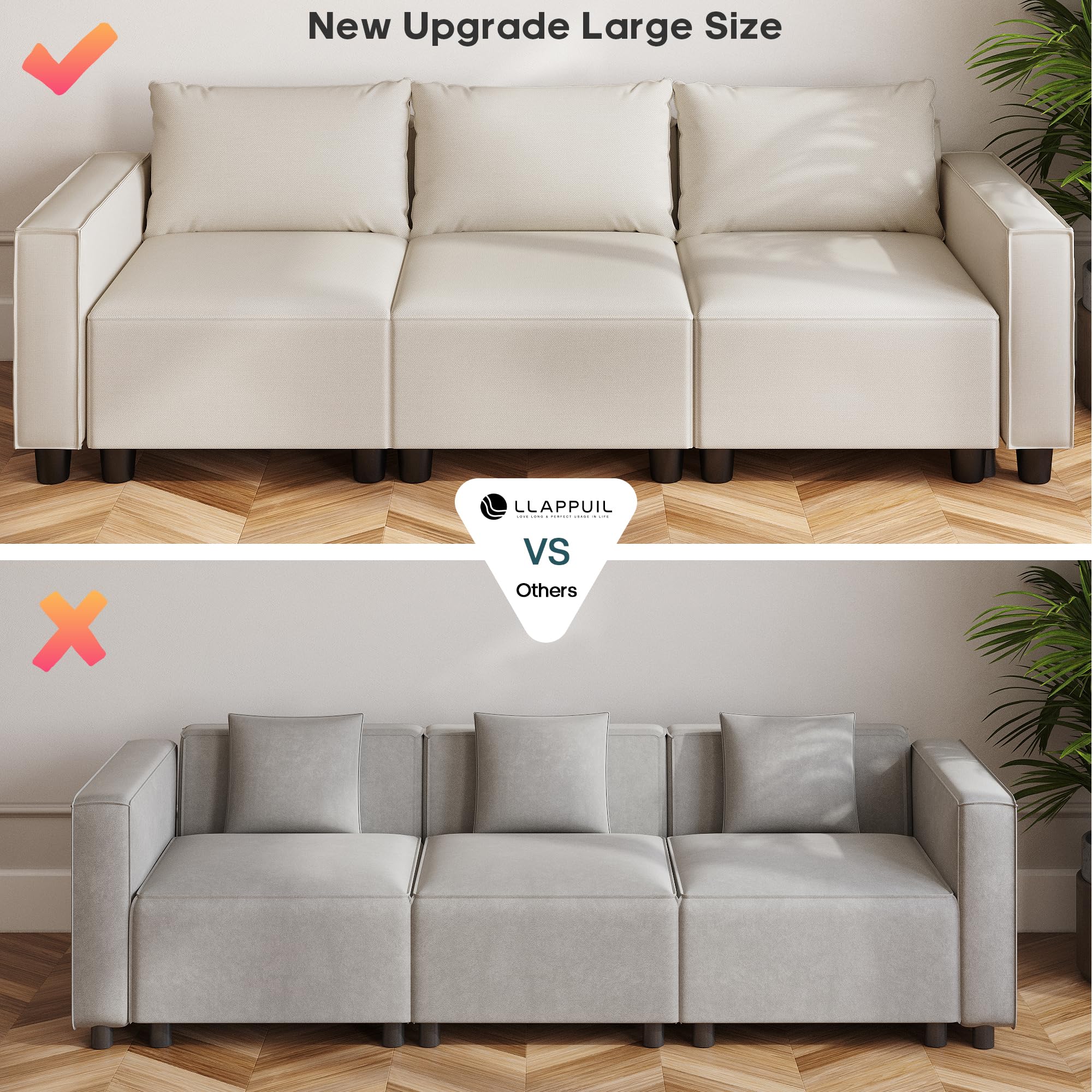 LLappuil Modular Sectional Sofa, Oversized Couches Convertible L Shaped Sofa for Living Room, 7 Seater Breathable Fabric Sofa with 6 Deep Seats and 1 Storage Ottoman, Washable, Removable, Beige