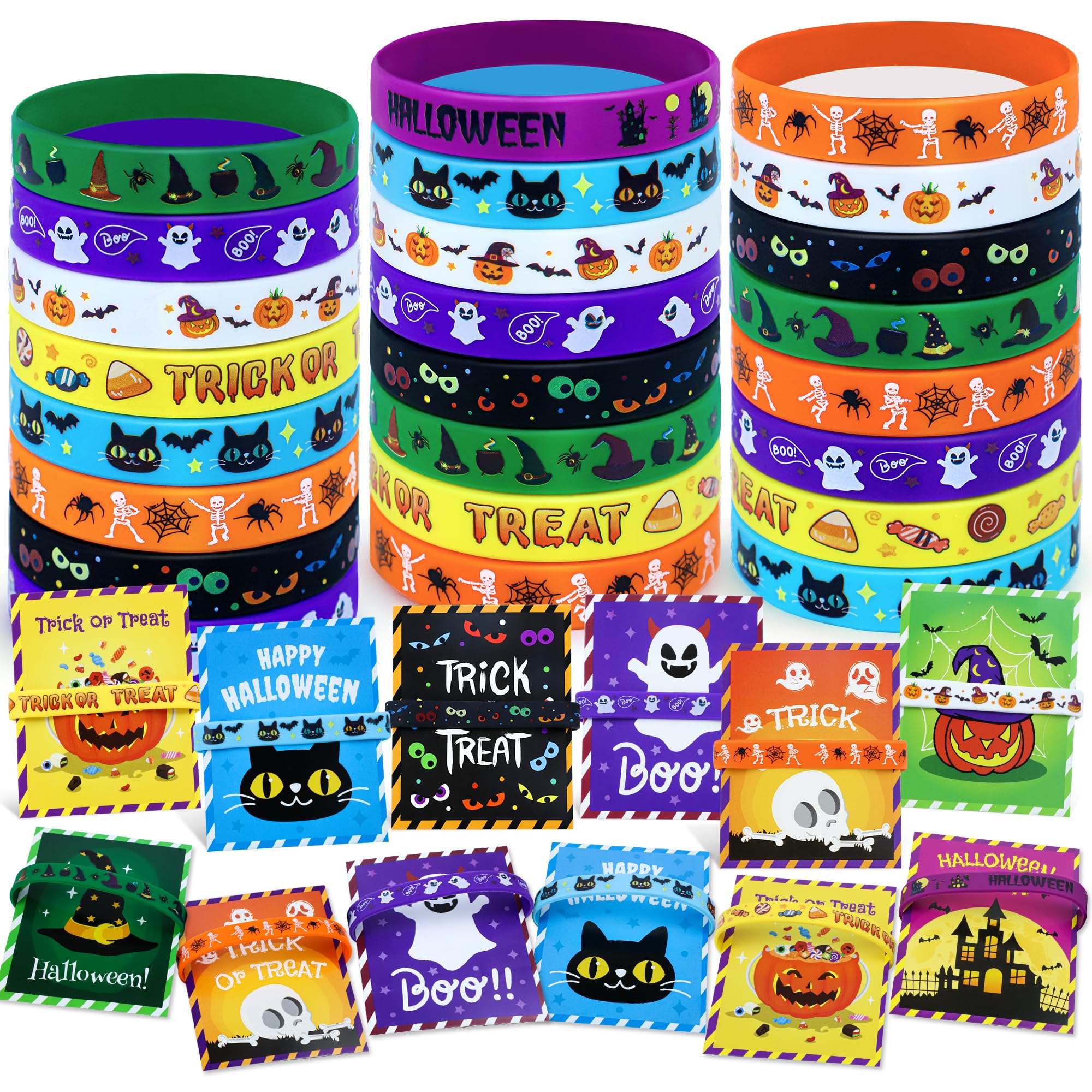 40 Pcs Halloween Party Favors Rubber Bracelets with Gift Cards,Halloween Silicone Wristbands for Party Supplies Goodie Bags Stuffers Fillers Trick or Treats Halloween Classroom Prizes Gifts for Kids