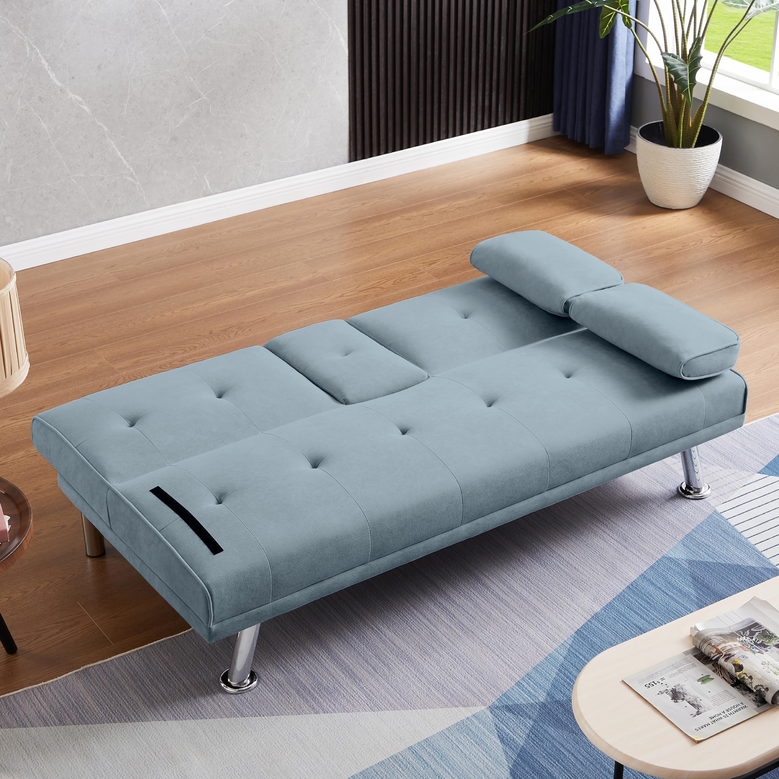 VFD Futon Sofa Bed Modern Convertible Recliner Lounge for Living Room with 2 Cup Holders, Removable Armrests (Light Blue)