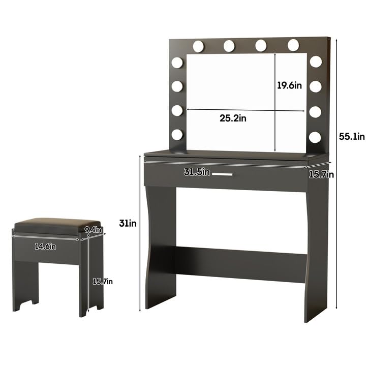 Vanity Desk with Mirror and Lights, Adjustable Brightness, Black Vanity Table Set with Storage Drawer,Makeup Vanity Set with Cushioned Chair