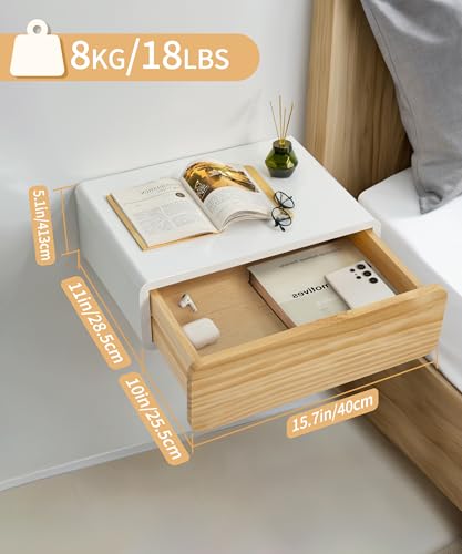 SUMGAR Floating Nightstand White with Drawers Modern Bedside Table Organiser Fully Assembled Shelf Small Spaces Wall Mounted Storage Wood Furniture for Bedroom Home Decor