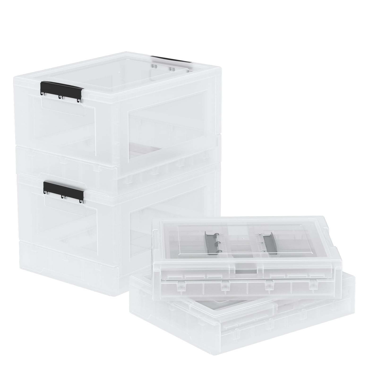 Bringer 4-Pack 30 L Clear Collapsible Storage Crate, Stackable Folding Storage Box, Clear Plastic Storage Box with Lid