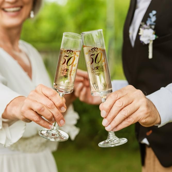 Urllinz 50th Wedding Anniversary Champagne Flutes Gifts-50th Anniversary Decorations,Best Anniversary Wedding Gift for Couples Parents,Set of 2 with Wooden Memory Keepsake Box