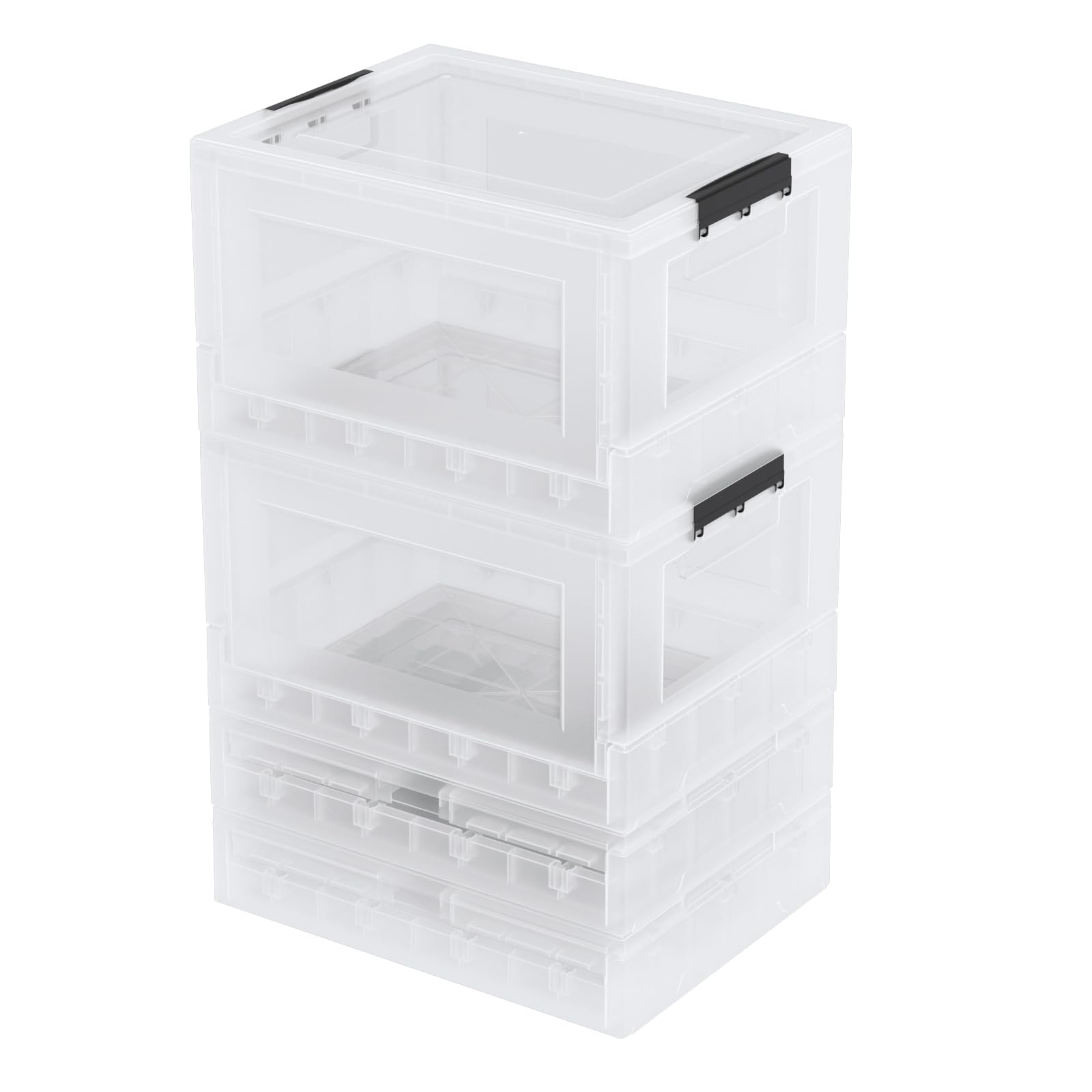 Bringer 4-Pack 30 L Clear Collapsible Storage Crate, Stackable Folding Storage Box, Clear Plastic Storage Box with Lid