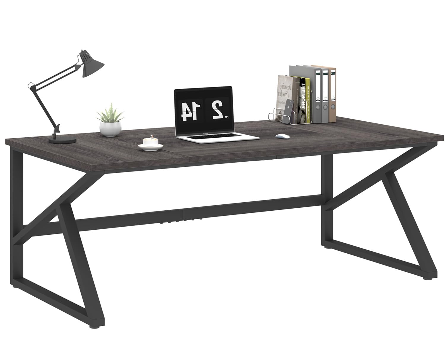 IBF Long Desks for Home Office, Large Metal Wooden Computer Desk for 2 Monitors, 70 Inch Two Person Desk for Executive Work Writing Study Gaming, Industrial Modern Big Double Desk, Dark Gray Oak