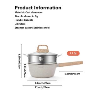 Saucepan with Lid and Steamer 2.2 Quart, UNOSCHRIM Non-stick Small Sauce Pot, Small Milk Pot with Two Side Spouts, Multipurpose Cooking Pot for Steaming, Boiling and Frying, All Stove Tops Compatible