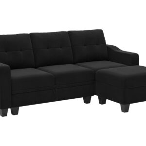 Belffin Velvet Sectional Couch with Storage, L Shaped Sofa with Chaise for Small Space, Black