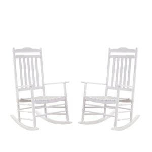 bplusz outdoor patio wooden rocking chairs set 2 piece, furniture comfy rockers for adults porch lawn room outside indoor, white