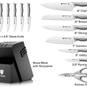 BRODARK Knife Set with Block, 15 Pieces Knife Block Set with Built-in Sharpener, One-Piece Stainless Steel Kitchen Knife Set, Razor Sharp Chef Knife Set, Shark Series