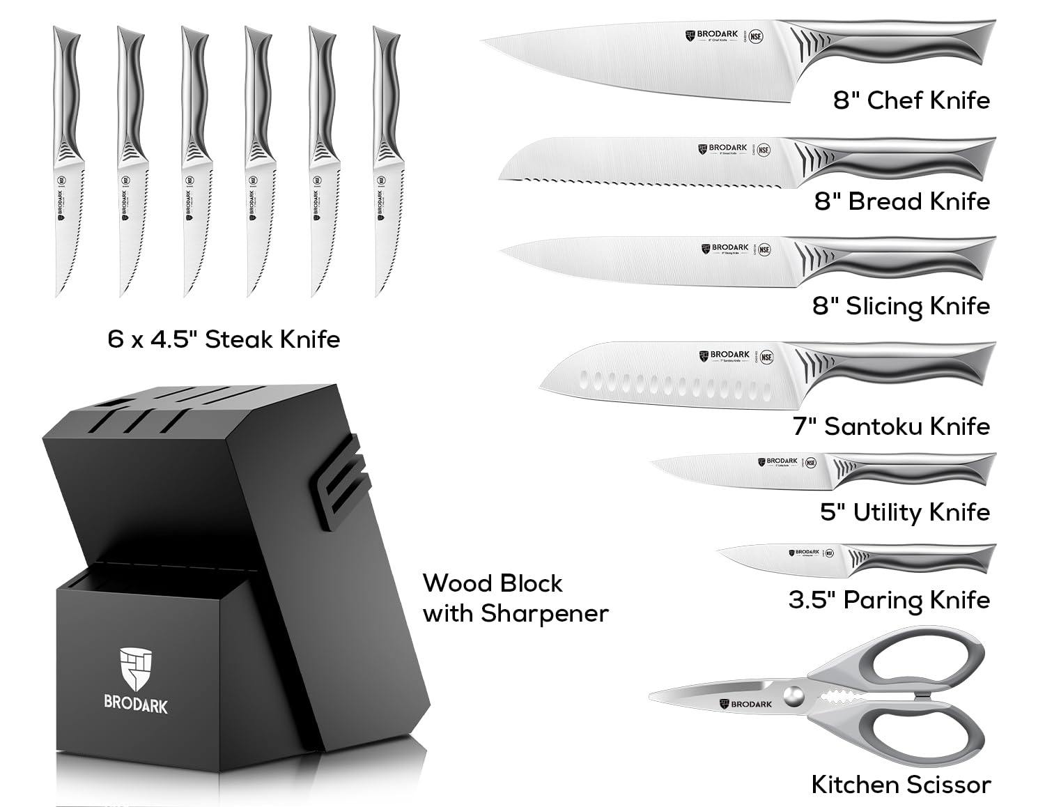 BRODARK Knife Set with Block, 15 Pieces Knife Block Set with Built-in Sharpener, One-Piece Stainless Steel Kitchen Knife Set, Razor Sharp Chef Knife Set, Shark Series