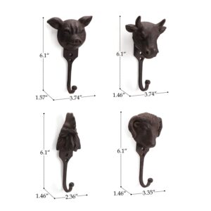 Synovana 3D Livestock Head Wall Mounted Coat Hooks, Set of 4, Farmhouse Decorative Hanging Hooks for Bathroom Entryway Bedroom Kitchen Wall Decor, Rustic Metal Utility Hooks for Hat Towel Bag Key