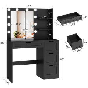 usikey Makeup Vanity Desk with Mirror and 10 LED Lights, Makeup Vanity Table with 4 Drawers, Vanity Desk Dressing Table with 2 Storage Shelves, 3 Color Modes Adjustable Brightness for Bedroom,Black