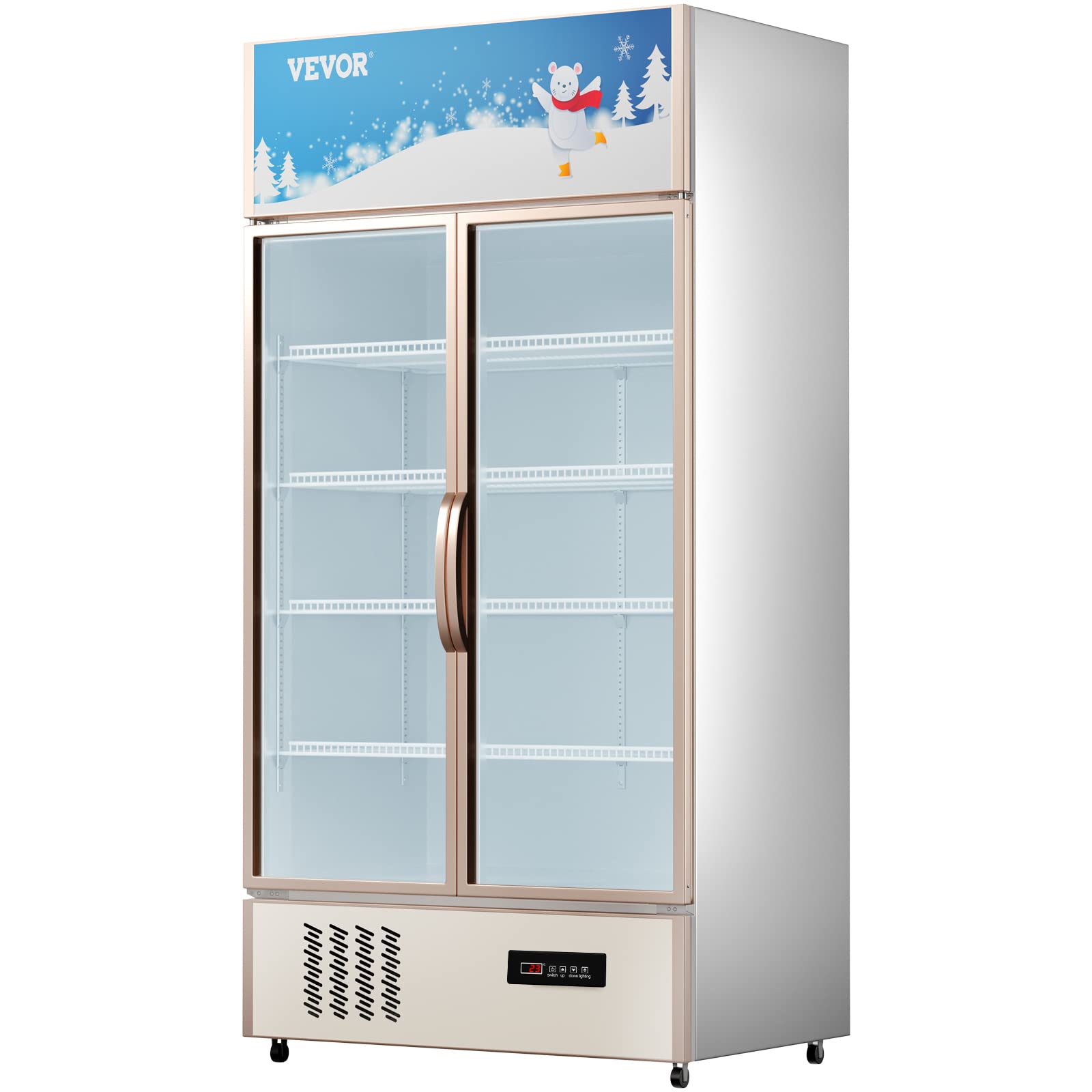 VEVOR Commercial Merchandiser Refrigerator 2 Glass Doors, Cubic Ft, Upright Display Beverage Cooler 79" Tall x 39.4" Width, Fridge with LED Lighting for Drink Wine Soda, Gold, 23 cu.ft