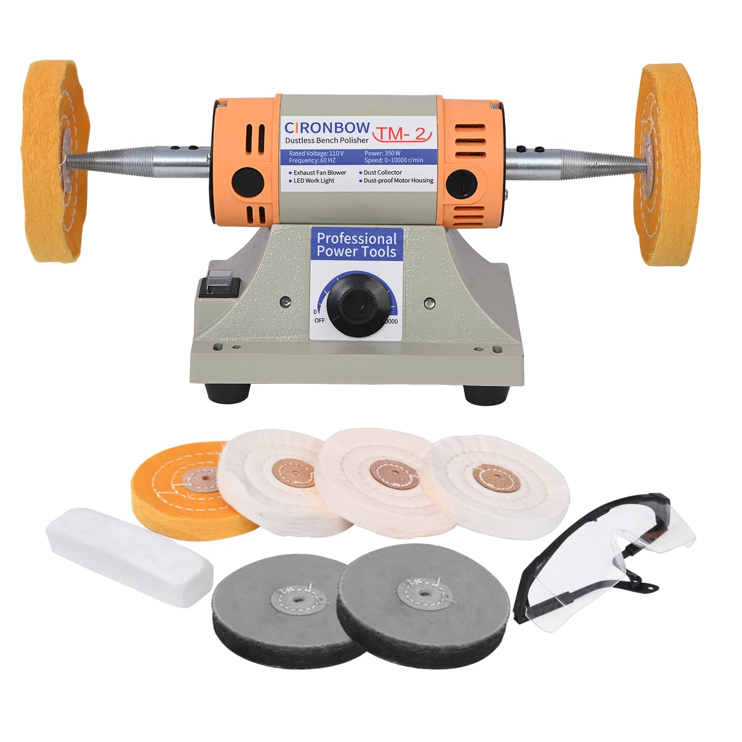 4" Jewelry Polisher & Adjustable Variable Speed Grinder Machine - With 6 Cloth Wheels & 2 Abrasive Wheels, Safety Glasses & Compound for Jewelry, Metal, Wood, Jade, Plastic Polishing & Dental Work