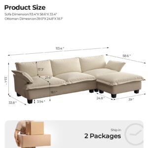 Fadware 113" Oversized Sectional Sofa Cloud Couch for Living Room, Modern Velvet L Shaped Deep Couches, 4 Seat Comfy Modular Sofa Sleeper with Moveable Ottoman, Beige