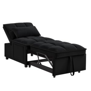 sofa bed chair 4-in-1 convertible pull out couch for living room, linen sleeper sofa lounge sofa with storage pocket, single recliner for small space with adjustable backrest & pillow, black