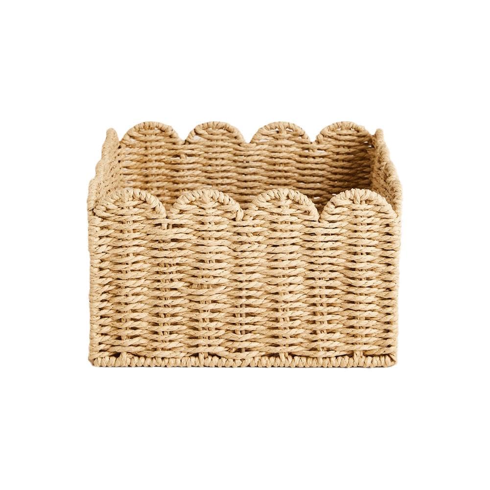 HFLWYWD Scalloped Edge Basket, Wicker Storage Baskets,Hand Woven Rattan Basket for Shelves,Natural Water Hyacinth Storage Baskets for Organizing (medium), one