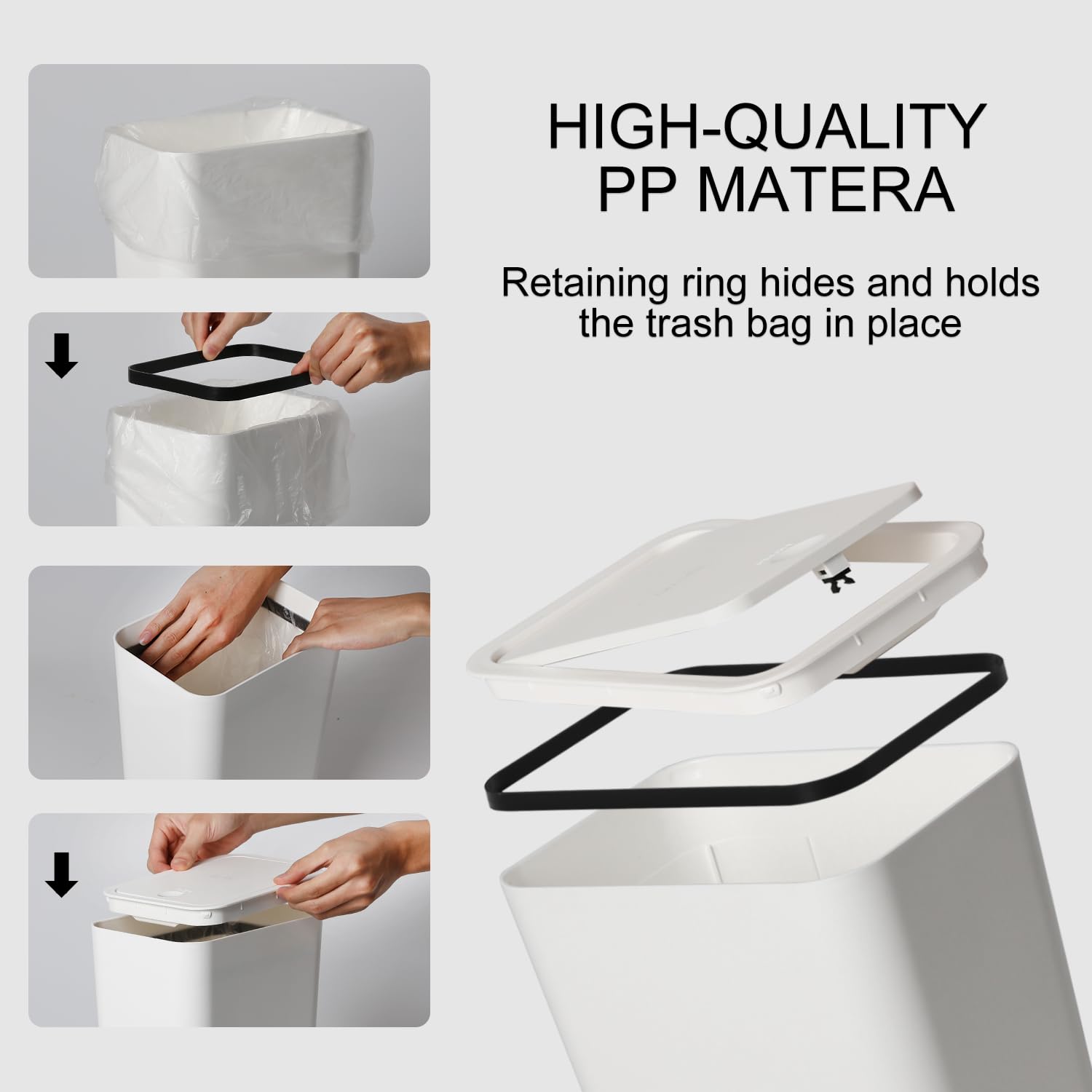 Large Trash Can Bathroom with Lid - 3Gal / 10L Slim White Plastic Garbage Can for Kitchen, Bedroom, Living Room & Office