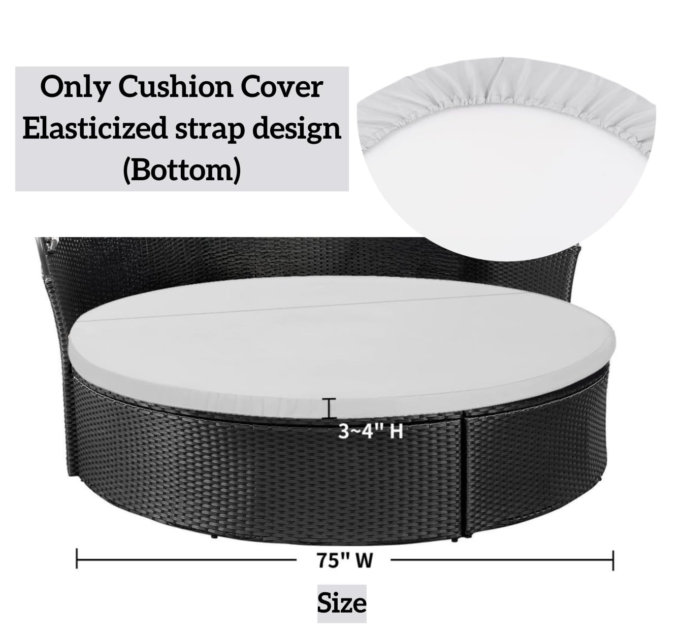 FSJITF Outdoor Weatherproof Sunproof Waterproof 75in Round Bed Cover,with Elastic Round Sofa Sun Bed Cushion Cover, Replacement Patio Furniture daybed Bed Cushion Cover,Covers ONLY (Gray)