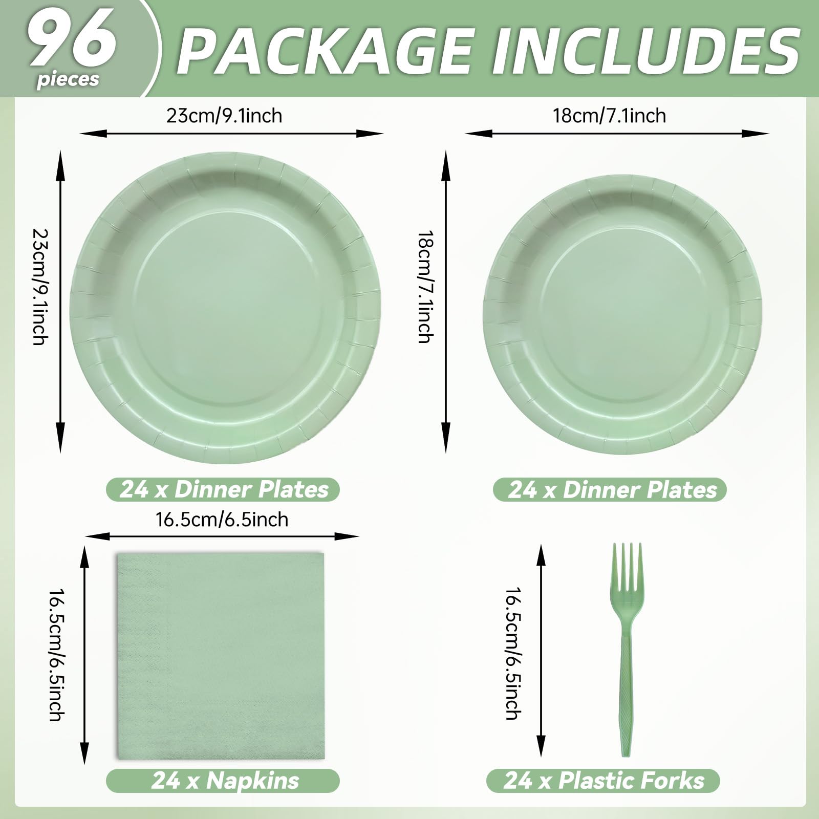 96 Pieces Sage Green Tableware Party Supplies - Elegant Light Green Disposable Dinnerware Set with Paper Plates, Napkins, and Forks for Birthdays, Weddings, Bridal Showers, Baby Showers - Serves 24