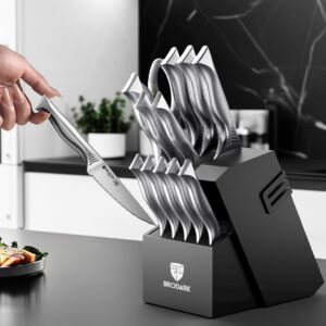 BRODARK Knife Set with Block, 15 Pieces Knife Block Set with Built-in Sharpener, One-Piece Stainless Steel Kitchen Knife Set, Razor Sharp Chef Knife Set, Shark Series