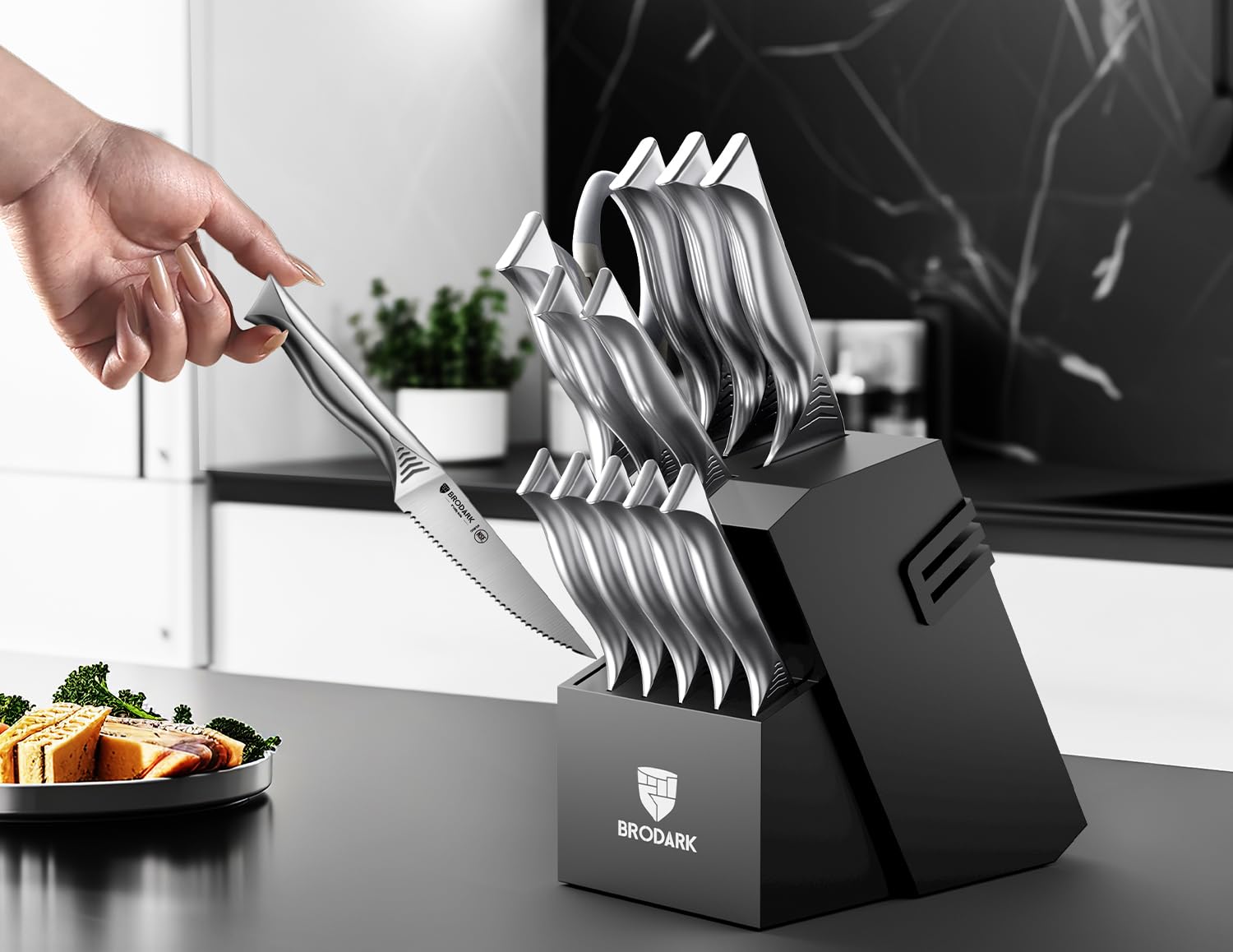 BRODARK Knife Set with Block, 15 Pieces Knife Block Set with Built-in Sharpener, One-Piece Stainless Steel Kitchen Knife Set, Razor Sharp Chef Knife Set, Shark Series