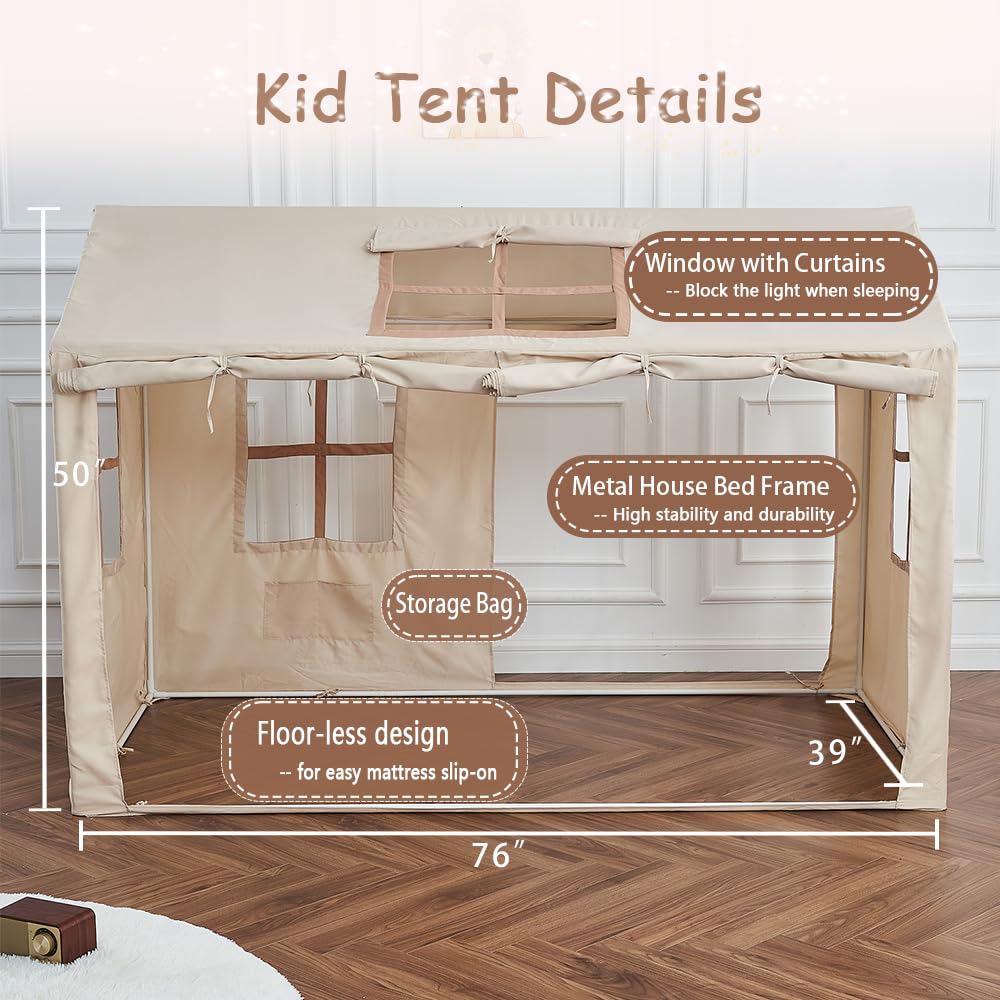 WANFASO Twin Bed Tent Indoor Bed Canopy Kids Tents with 2 Doors, Breathable Private Space Floor Fort Bed Tents for Kids Adult Sleeping Tent (Twin, Khaki)