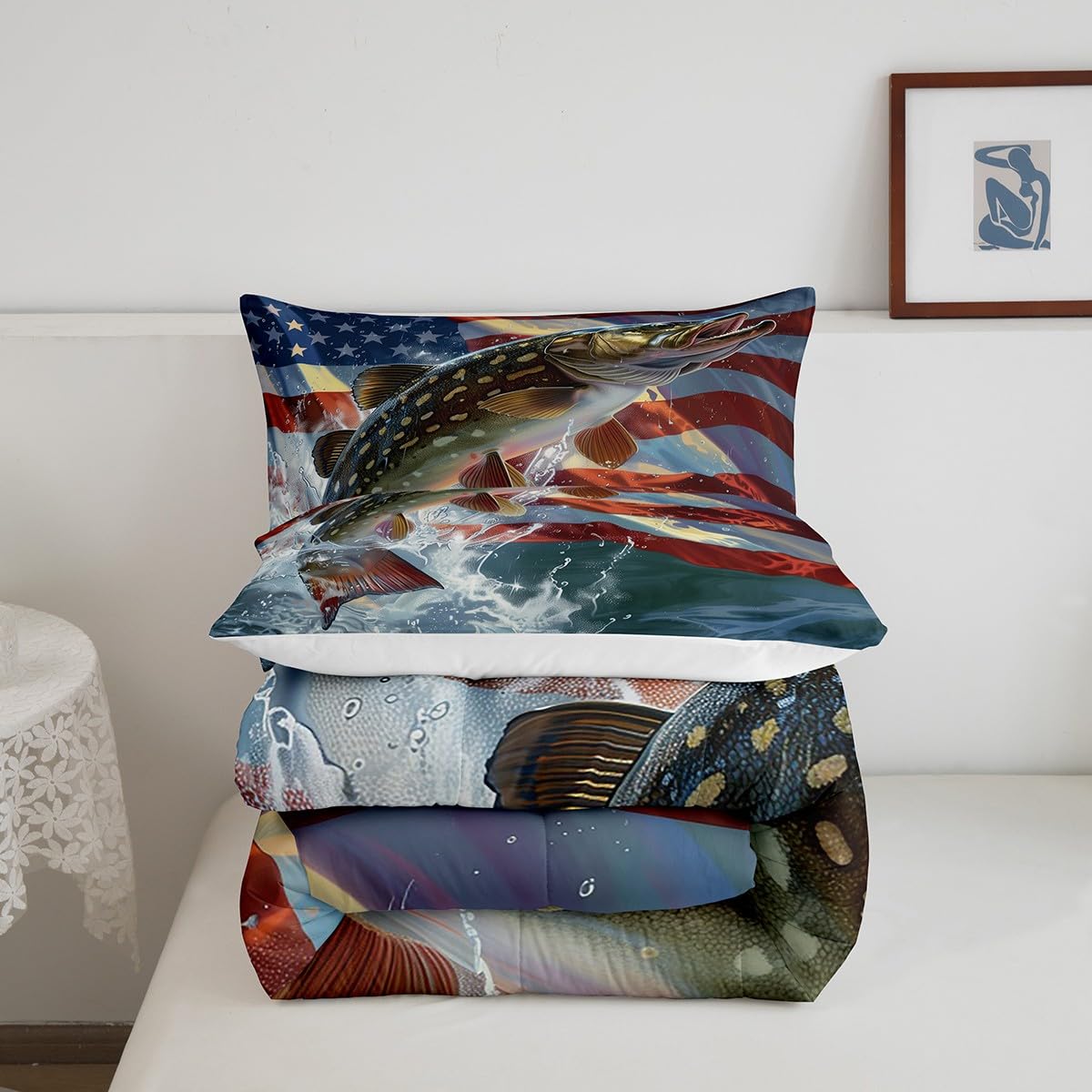 Feelyou American Flag Big Pike Fish Comforter Set Bass Big Fish Bedding Set for Kids Boys Girls Hunting Fishing Comforter Soft Quilt Set Twin Size