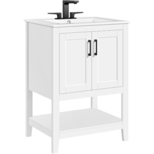 Yaheetech 24" Modern Bathroom Vanity with Sink, Bathroom Sink Cabinet with Rectangular Ceramic Basin, Bathroom Vanities Cabinet with 2 Doors and 1 Open Shelf, White