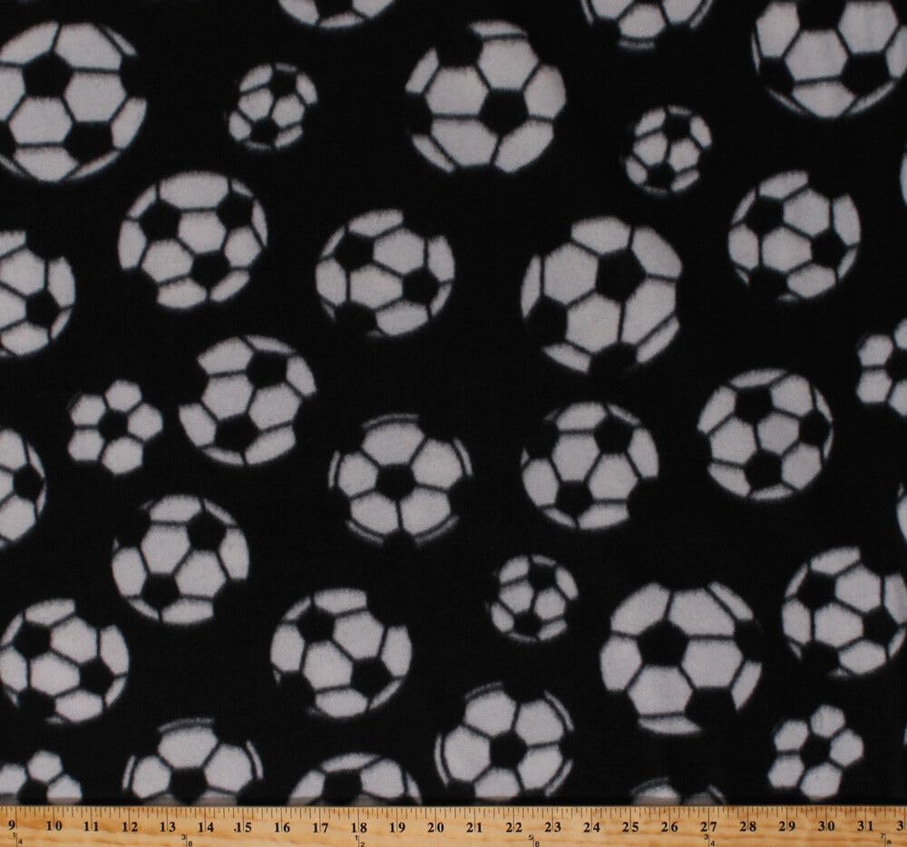 Generic Fleece Soccer Balls Soccerballs Allover on Black Sports Fleece Fabric Print by The Yard (4818M-11A-black) (8142M-12C)(POL-Soccer-Black My)