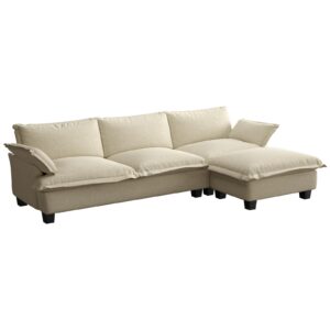 Fadware 113" Oversized Sectional Sofa Cloud Couch for Living Room, Modern Velvet L Shaped Deep Couches, 4 Seat Comfy Modular Sofa Sleeper with Moveable Ottoman, Beige