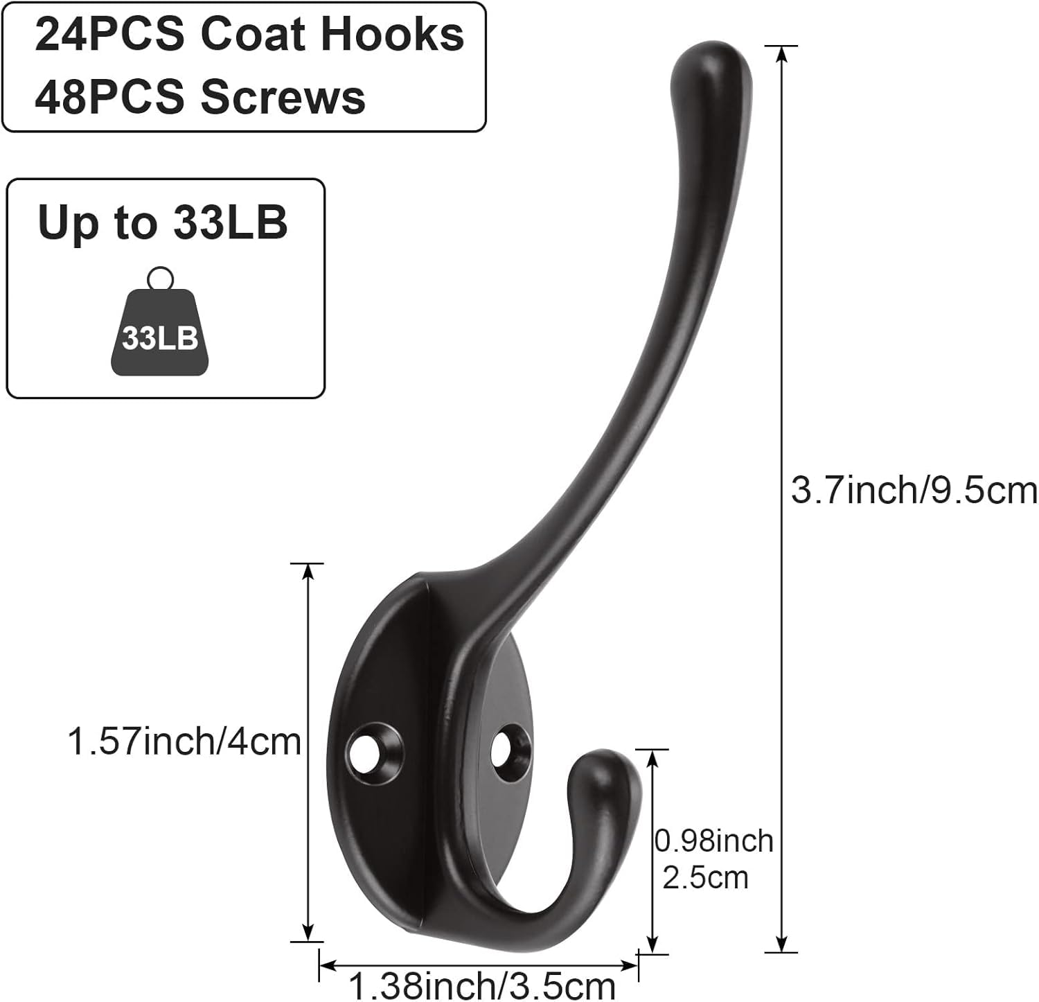 LANIAKEA 24PCS Coat Hooks, Heavy Duty Coat Hooks Wall Mounted with 48 Screws, Coat Hanger Hooks for Wall, Hanging, Coats, Towel, Bag, Cap, Scarf, Hat, Key, Black