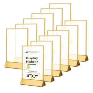 tongass (12-pack, gold 5"x7" standard double-sided acrylic wedding table numbers picture frames clear sign holders with 3mm gold border & vertical stand wedding table number holder