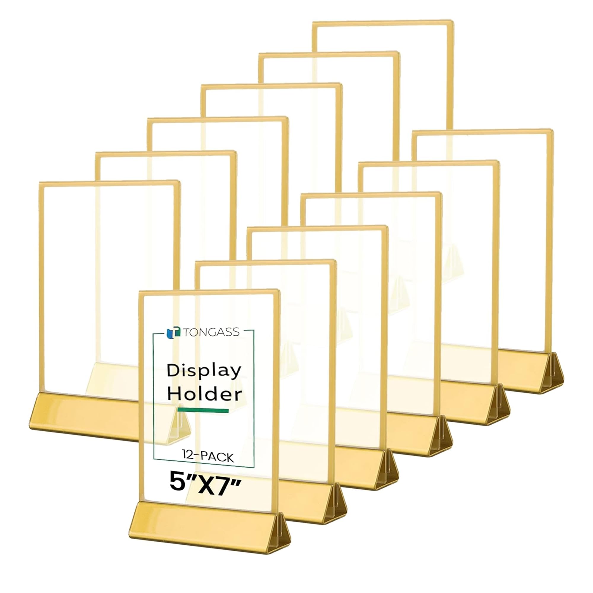 TonGass (12-Pack, Gold 5"x7" Standard Double-Sided Acrylic Wedding Table Numbers Picture Frames Clear Sign Holders with 3mm Gold Border & Vertical Stand Wedding Table Number Holder